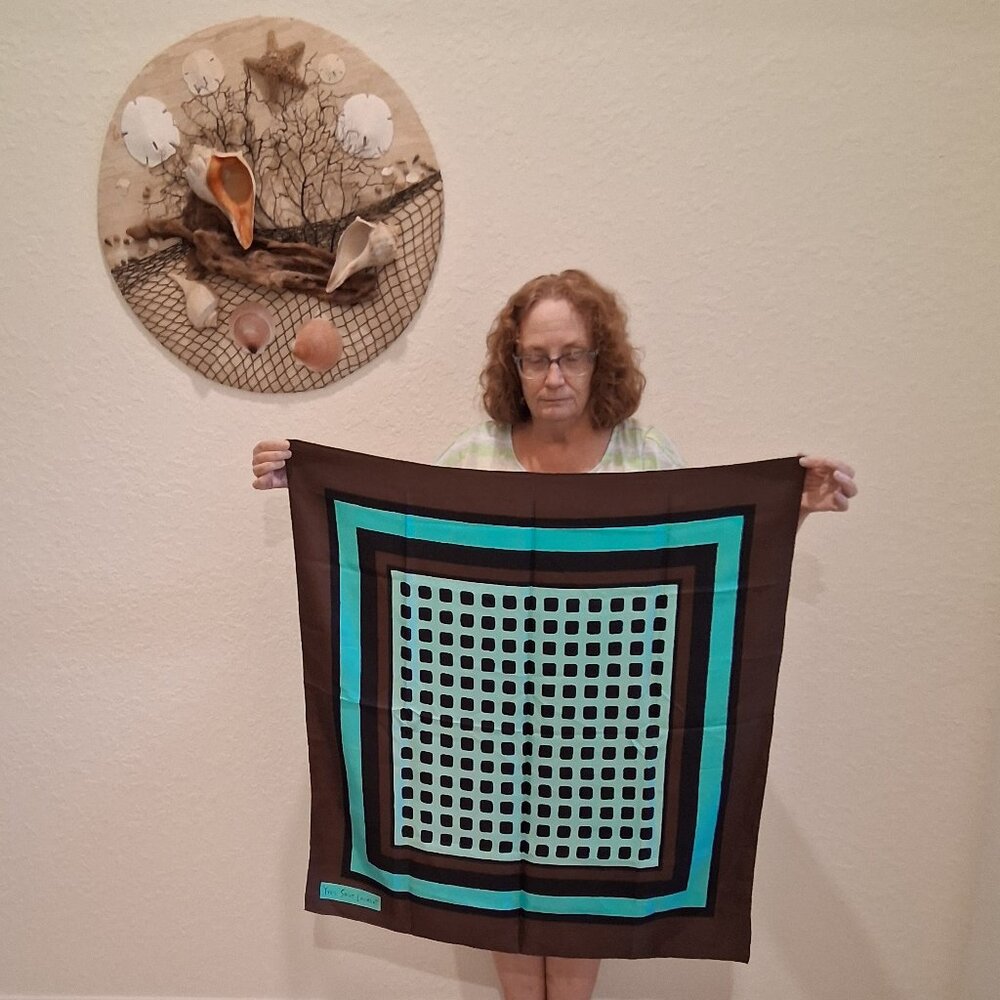 Yves Saint Laurent Brown & Turquoise Geometric Square 100% Silk Scarf - Picture 4 of 6